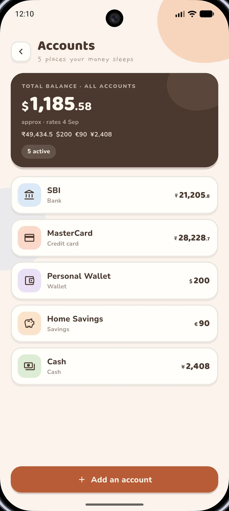 Accounts screen