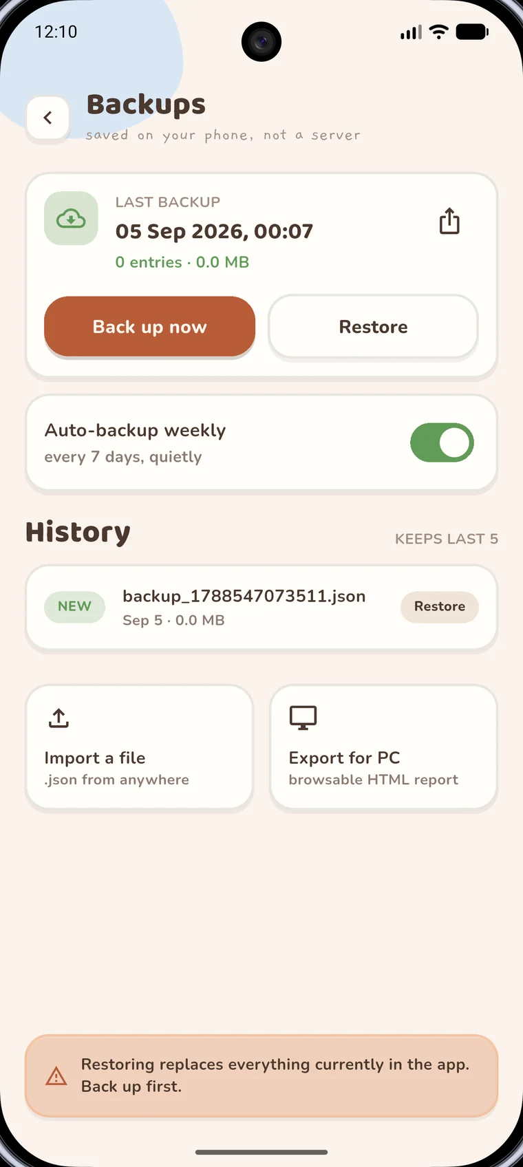 On-device backups screen