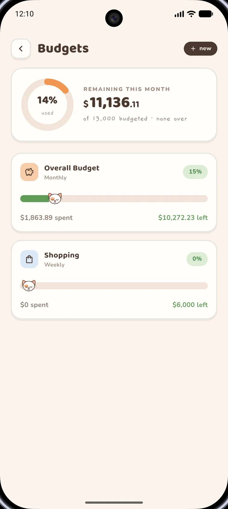 Budgets screen