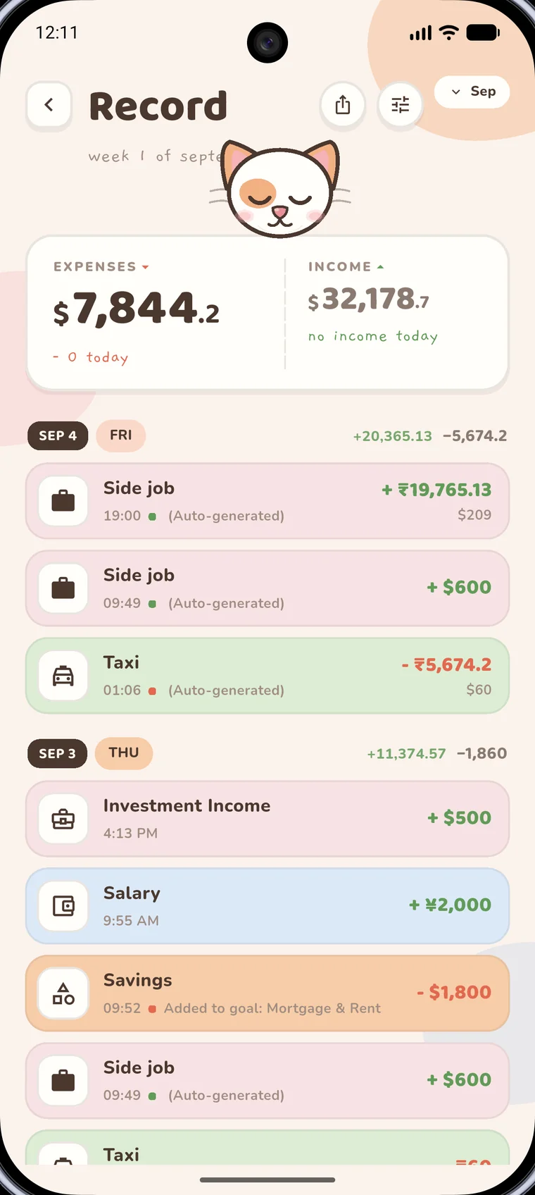 A day of entries in Money Manager