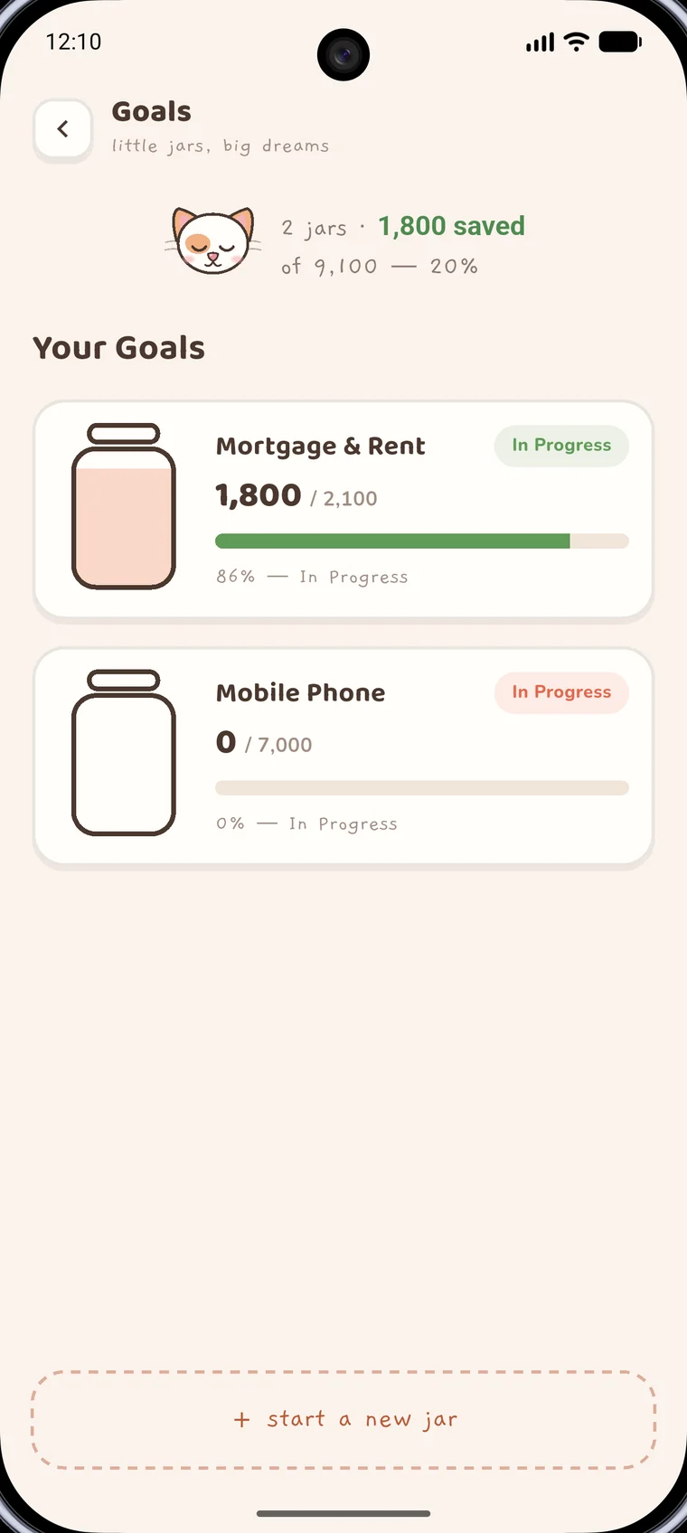 Savings goals screen